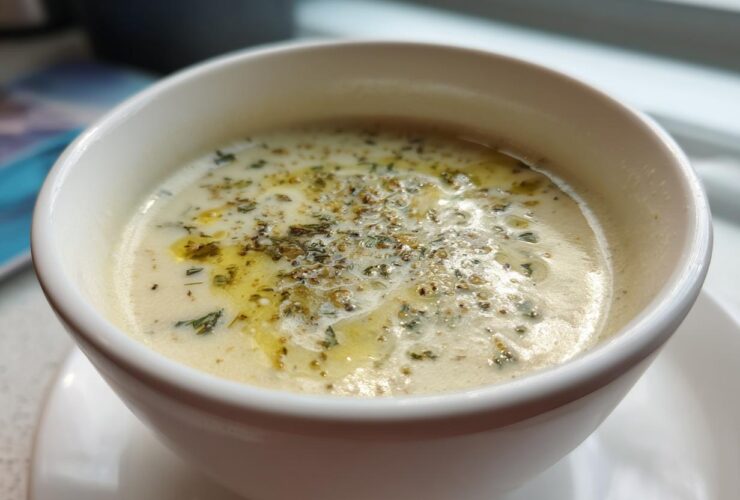 Close-up of creamy Roasted Garlic White Bean Soup topped with olive oil and herbs in a white bowl.