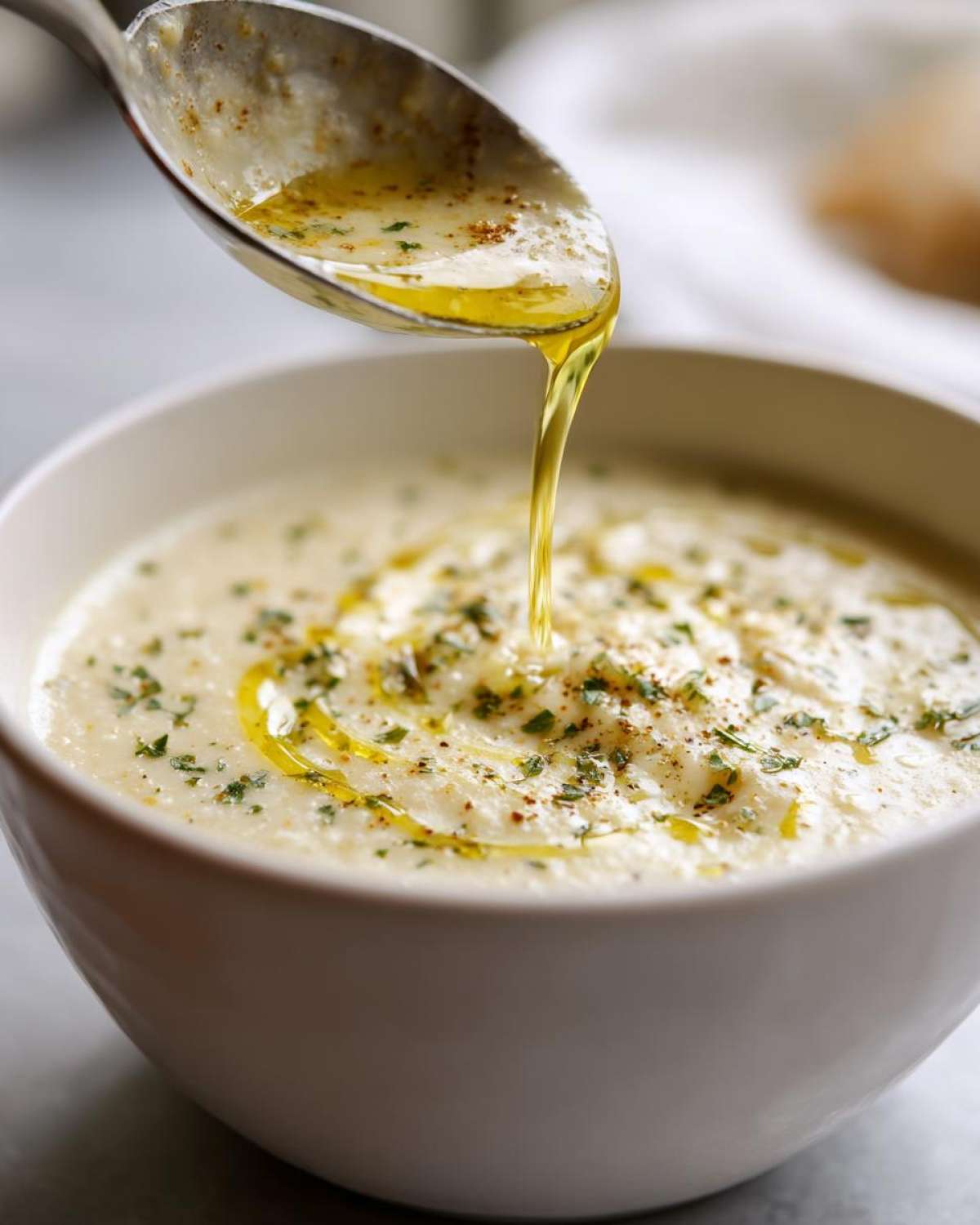 A spoonful of seasoned olive oil is drizzled over a creamy bowl of Roasted Garlic White Bean Soup, garnished with herbs.
