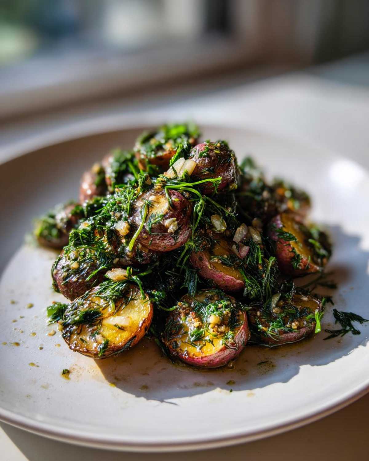 Close-up of roasted radishes halved and tossed generously with garlic and fresh dill, served on a white plate.