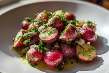 Close-up of roasted radishes with garlic and dill, glistening in oil on a white plate.