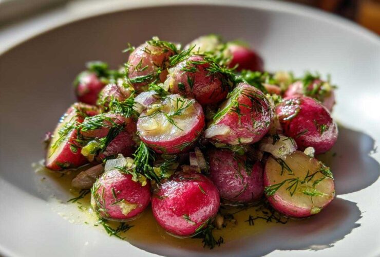 Close-up of roasted radishes with garlic and dill, glistening in oil on a white plate.