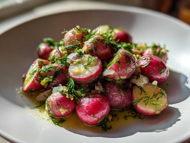 Close-up of roasted radishes with garlic and dill, glistening in oil on a white plate.