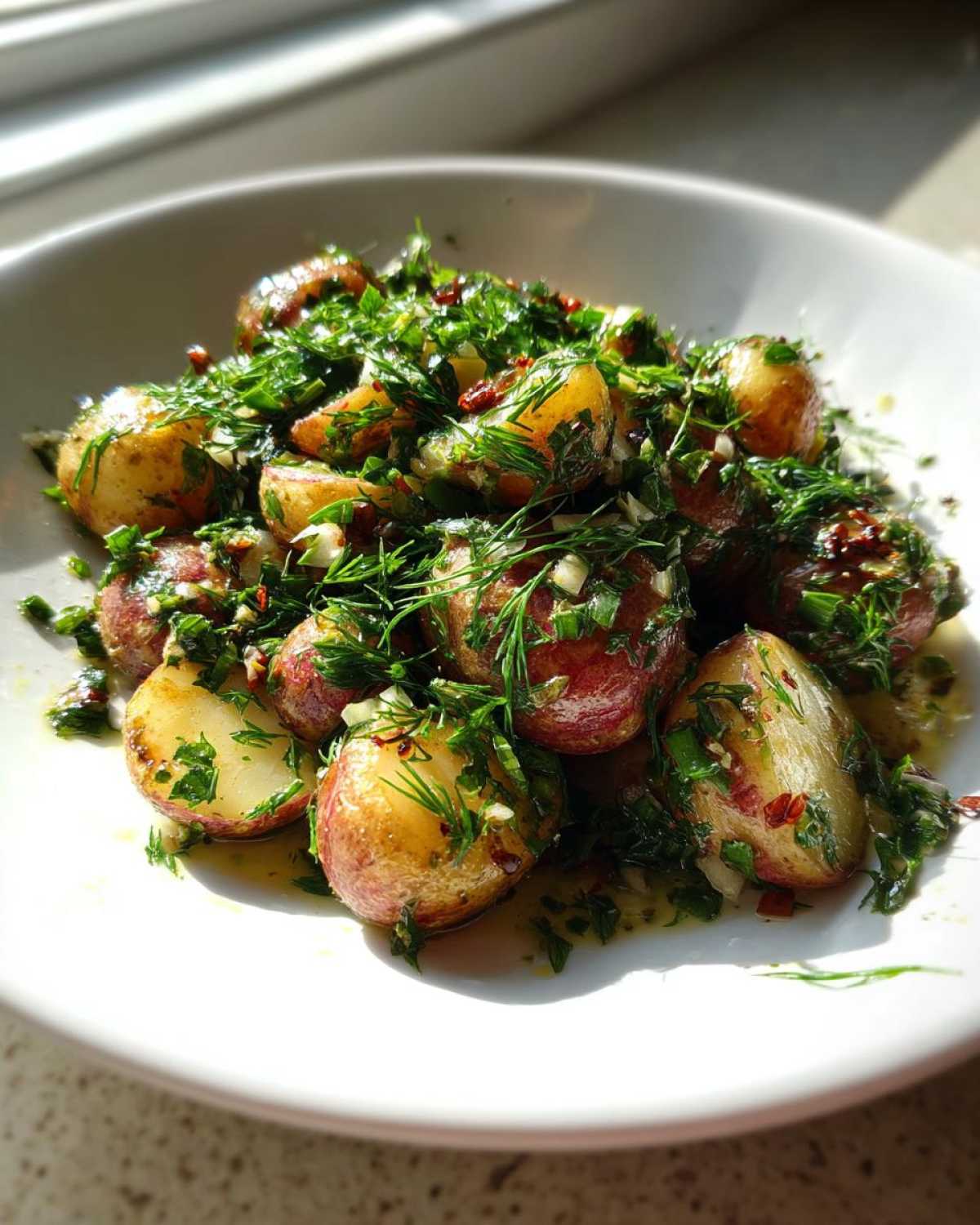 Close-up of roasted radishes heavily topped with fresh dill, garlic, and herbs, resembling Roasted Radishes with Garlic and Dill.