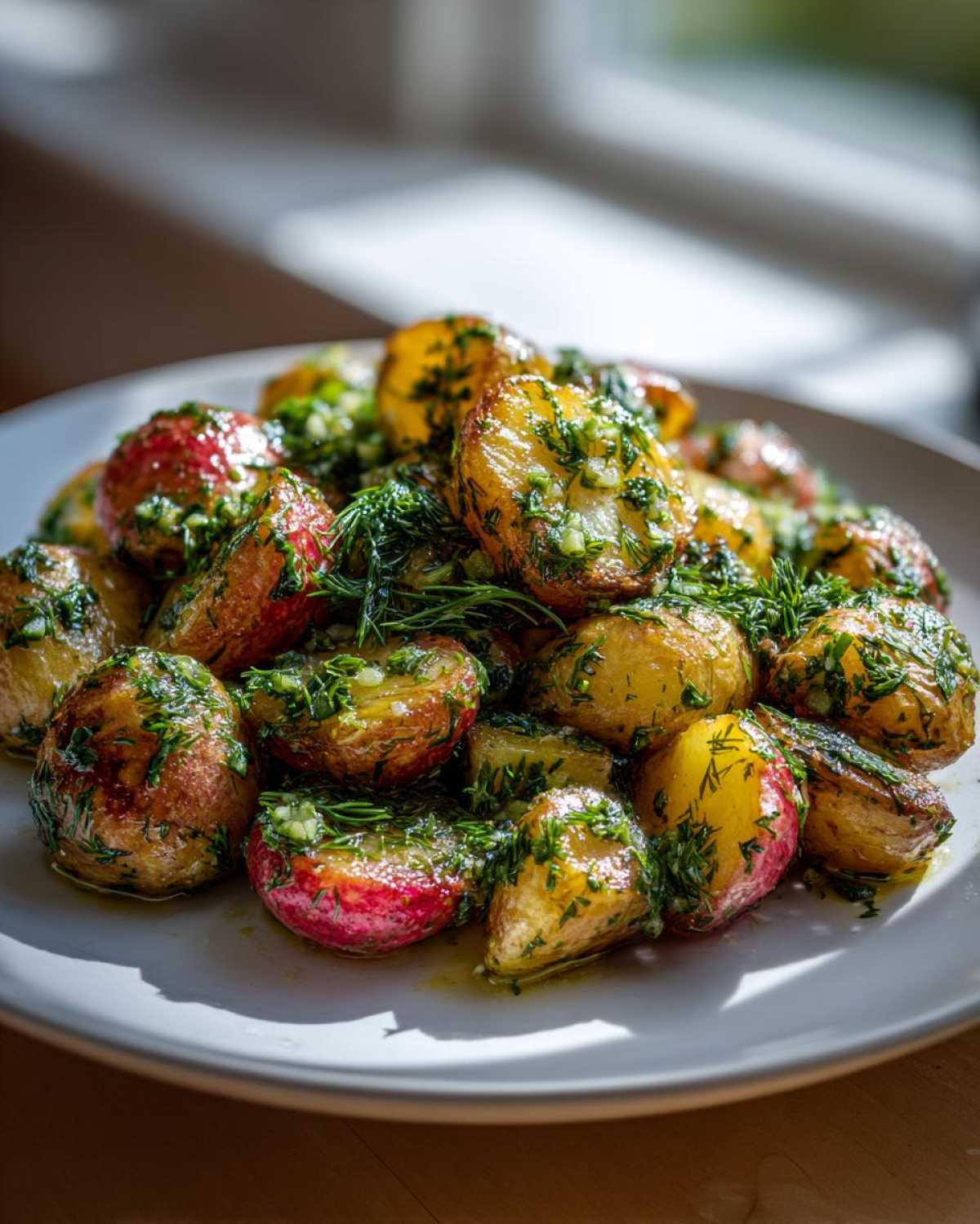 A close-up of tender Roasted Radishes with Garlic and Dill, tossed in oil and fresh herbs, served on a white plate.