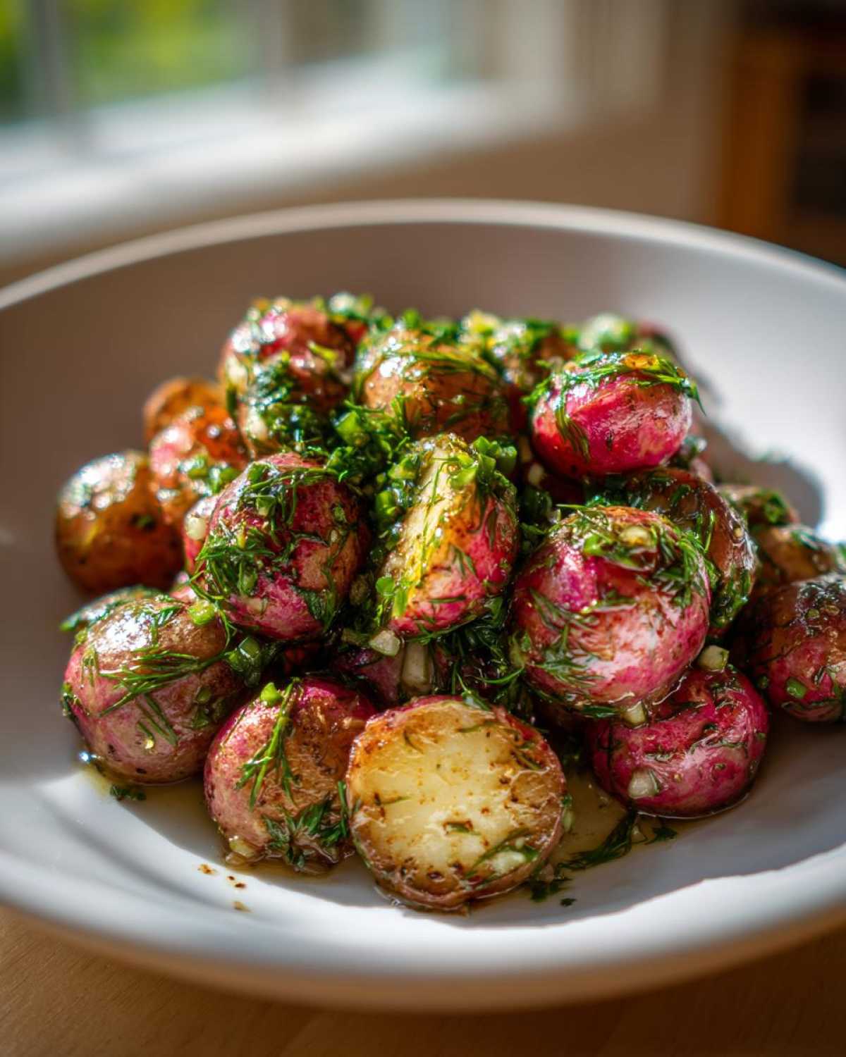 Close-up of roasted radishes with garlic and dill, glistening with dressing in a white bowl.