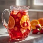 A clear glass pitcher filled with vibrant red Rose Strawberry Sangria Mocktail, loaded with sliced strawberries and orange rounds.