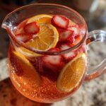 Close-up of a glass pitcher filled with Rose Strawberry Sangria Mocktail, garnished with bright orange slices and fresh strawberries.