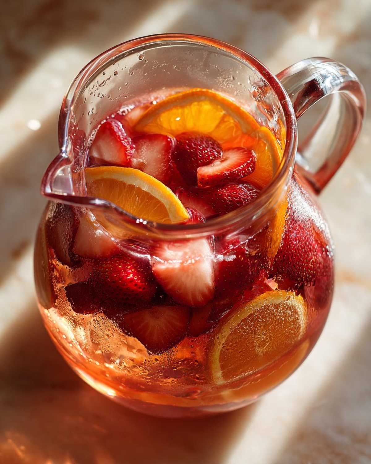Close-up overhead view of a chilled Rose Strawberry Sangria Mocktail Pitcher filled with sliced strawberries and oranges.