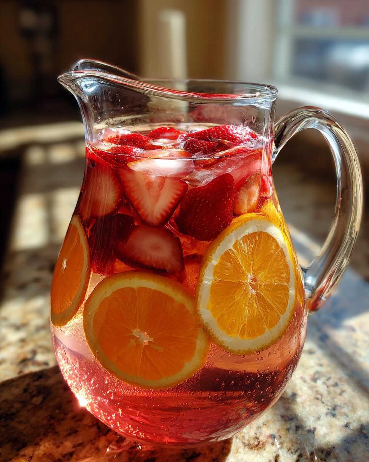 A glass pitcher filled with Rose Strawberry Sangria Mocktail, featuring sliced strawberries, orange wheels, and ice cubes.