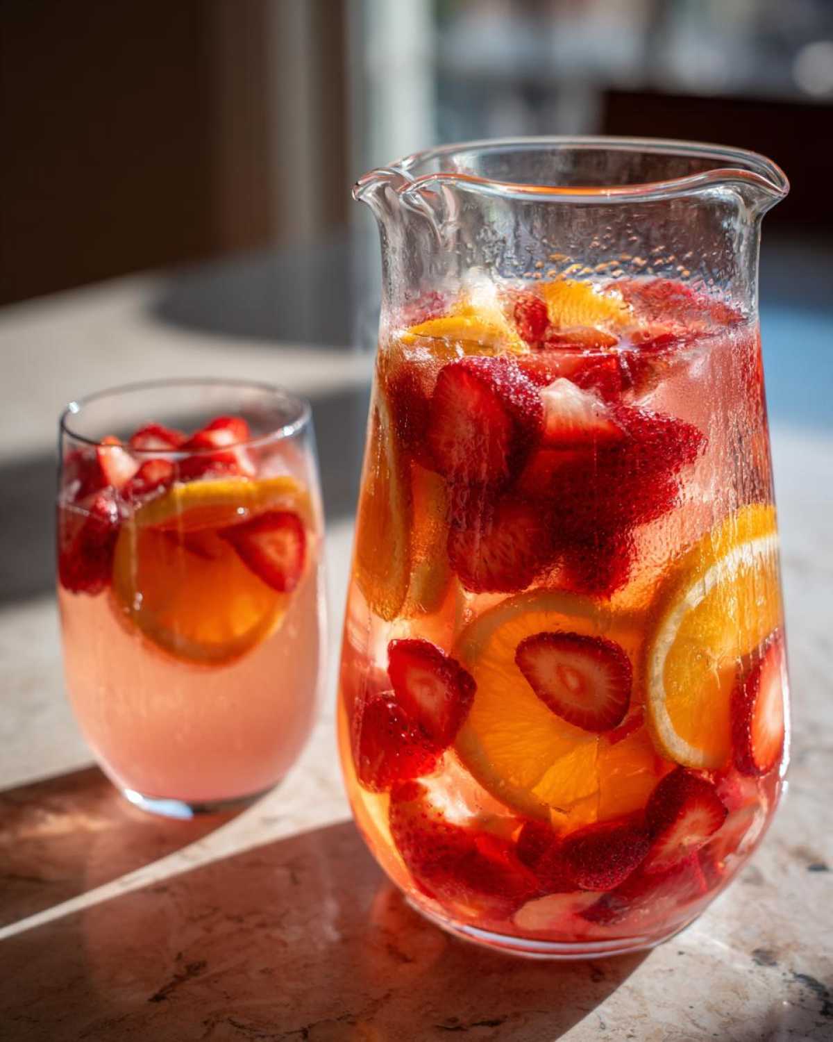 A glass pitcher filled with Rose Strawberry Sangria Mocktail, loaded with fresh strawberries and orange slices, next to a serving glass.