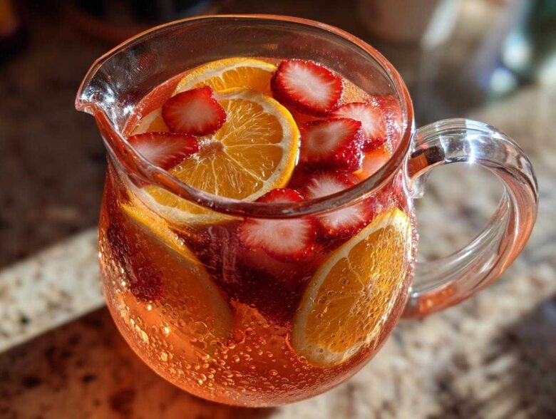 Close-up of a glass pitcher filled with Rose Strawberry Sangria Mocktail, garnished with bright orange slices and fresh strawberries.