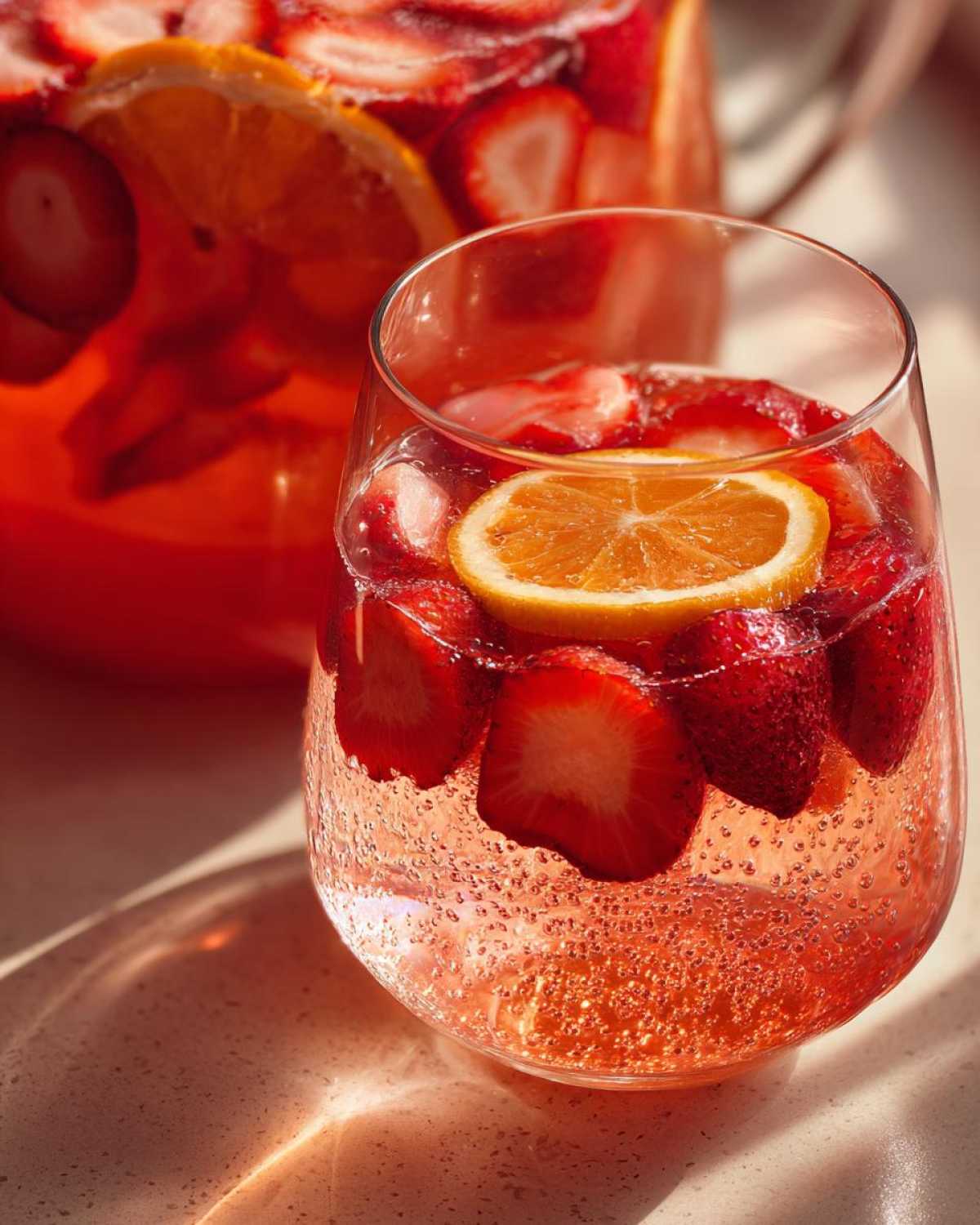 Close-up of a glass filled with Rose Strawberry Sangria Mocktail, featuring sliced strawberries and an orange wheel, with a pitcher in the background.