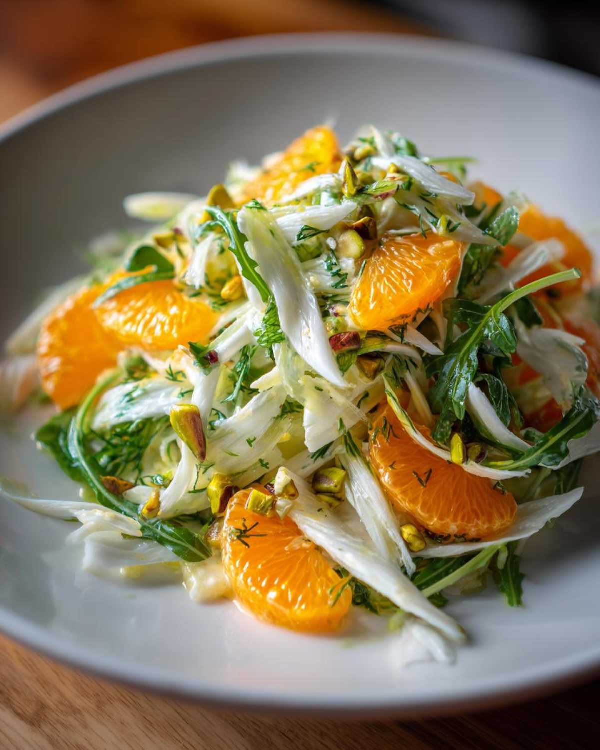 Close-up of a refreshing Shaved Fennel Citrus Salad featuring bright orange segments and green pistachios on a white plate.