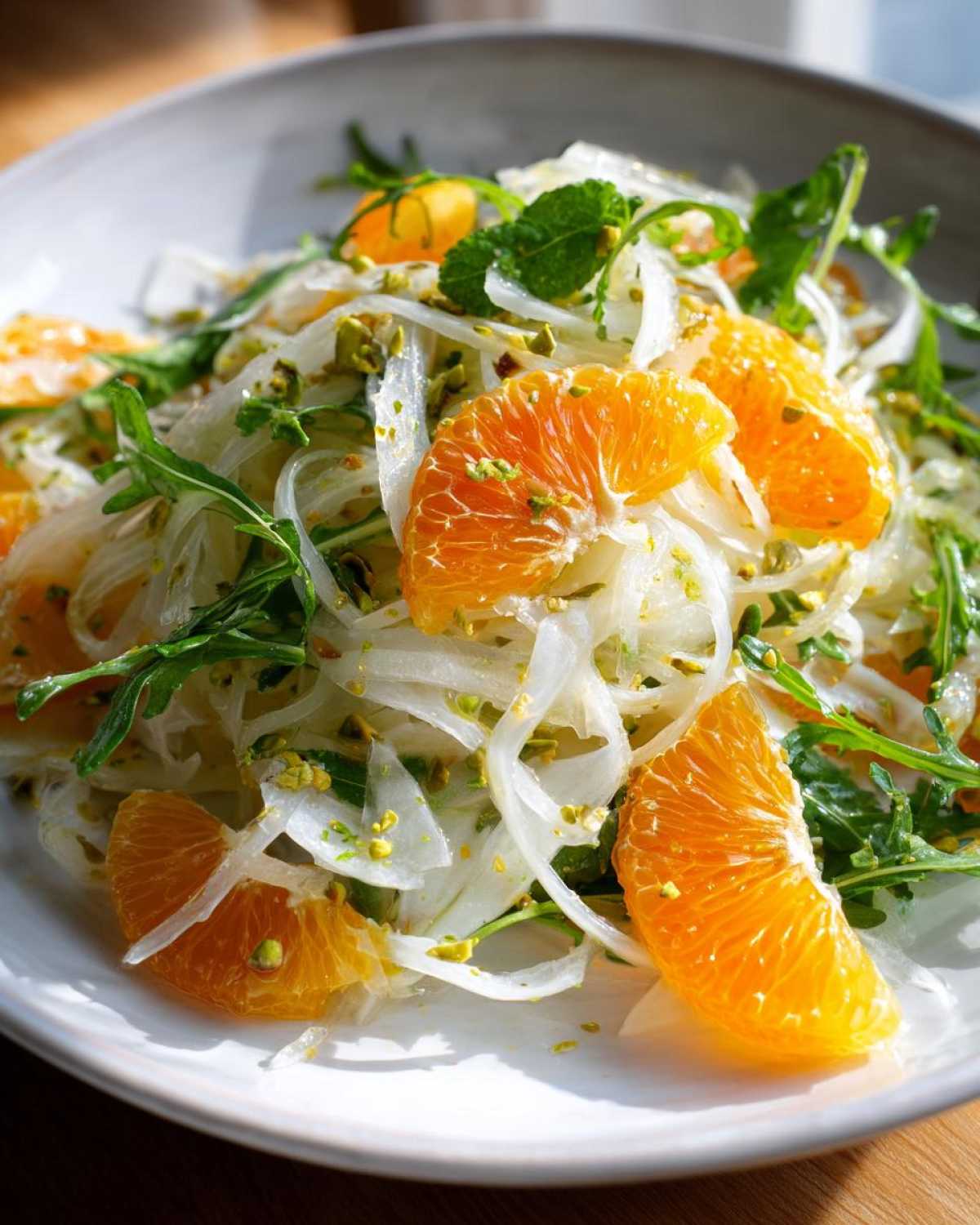 Close-up of a bright Shaved Fennel Citrus Salad featuring thin fennel slices, orange segments, arugula, and chopped pistachios.