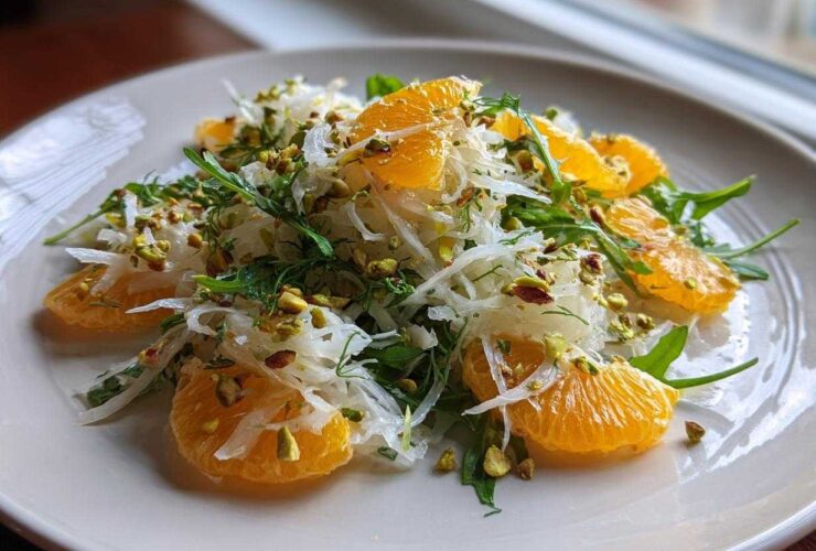 Close-up of a Shaved Fennel Citrus Salad featuring bright orange segments, white shaved fennel, and green pistachios on a white plate.