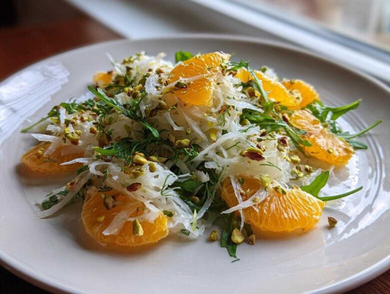 Close-up of a Shaved Fennel Citrus Salad featuring bright orange segments, white shaved fennel, and green pistachios on a white plate.