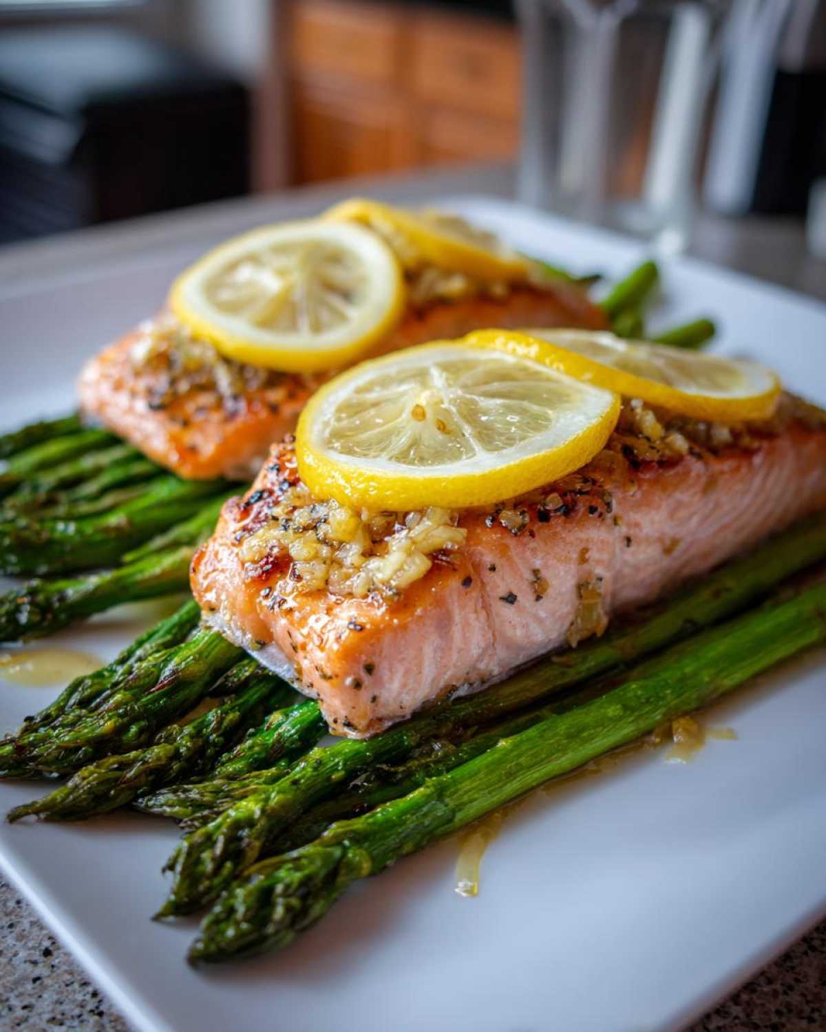 Two fillets of Sheet-Pan Salmon with Asparagus, topped with minced garlic and lemon slices on a white plate.