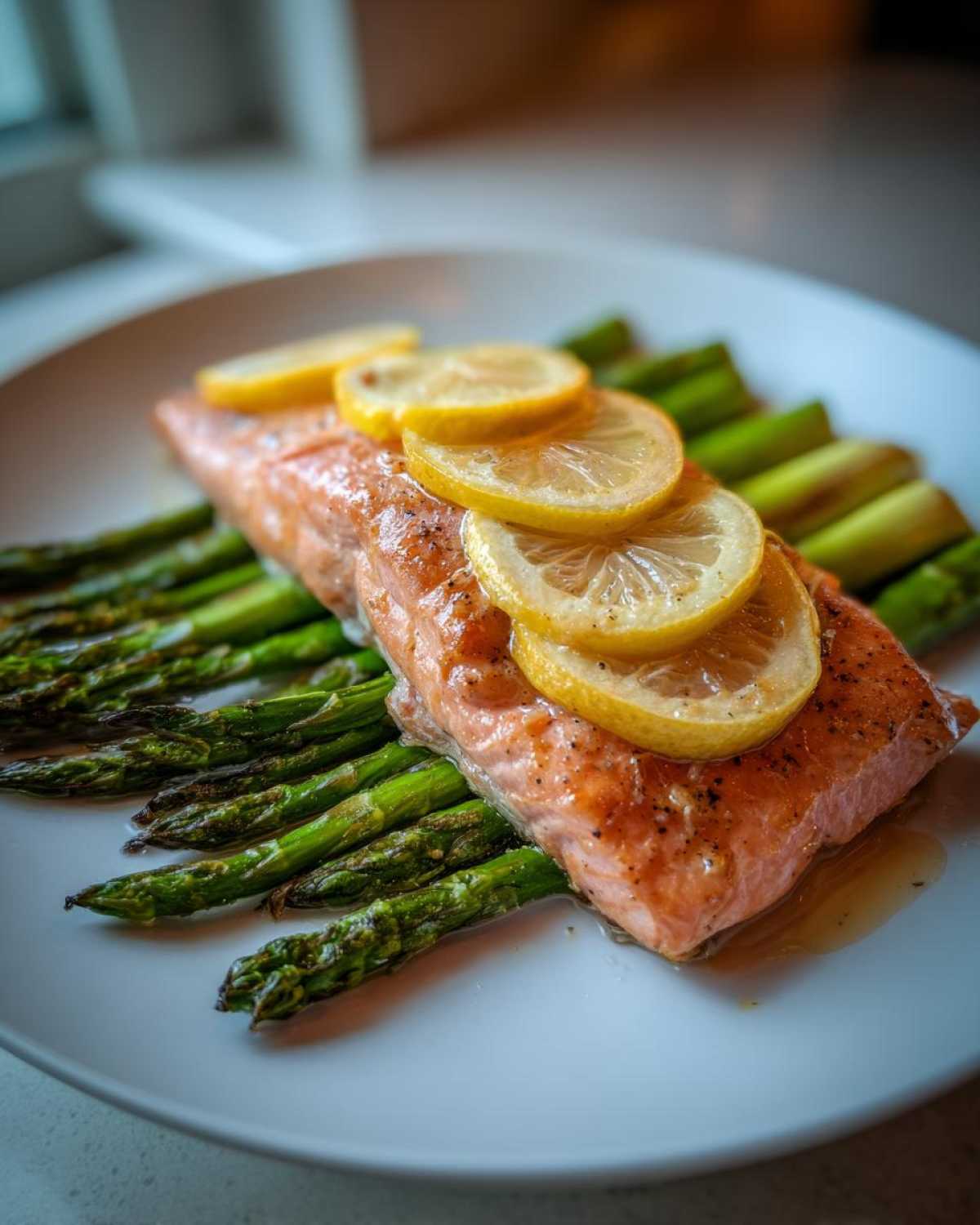 A perfectly cooked fillet of Sheet-Pan Salmon with Asparagus, topped with thin lemon slices.