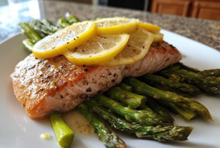 A cooked fillet of salmon topped with lemon slices resting on a bed of roasted asparagus, ready to eat.