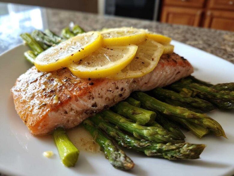 A cooked fillet of salmon topped with lemon slices resting on a bed of roasted asparagus, ready to eat.