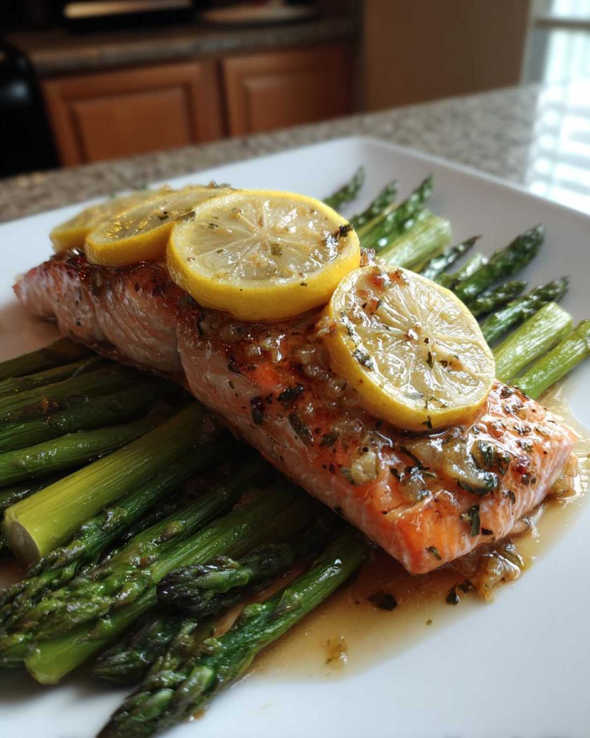 Close-up of a cooked fillet of Sheet-Pan Salmon with Asparagus topped with lemon slices and herbs.