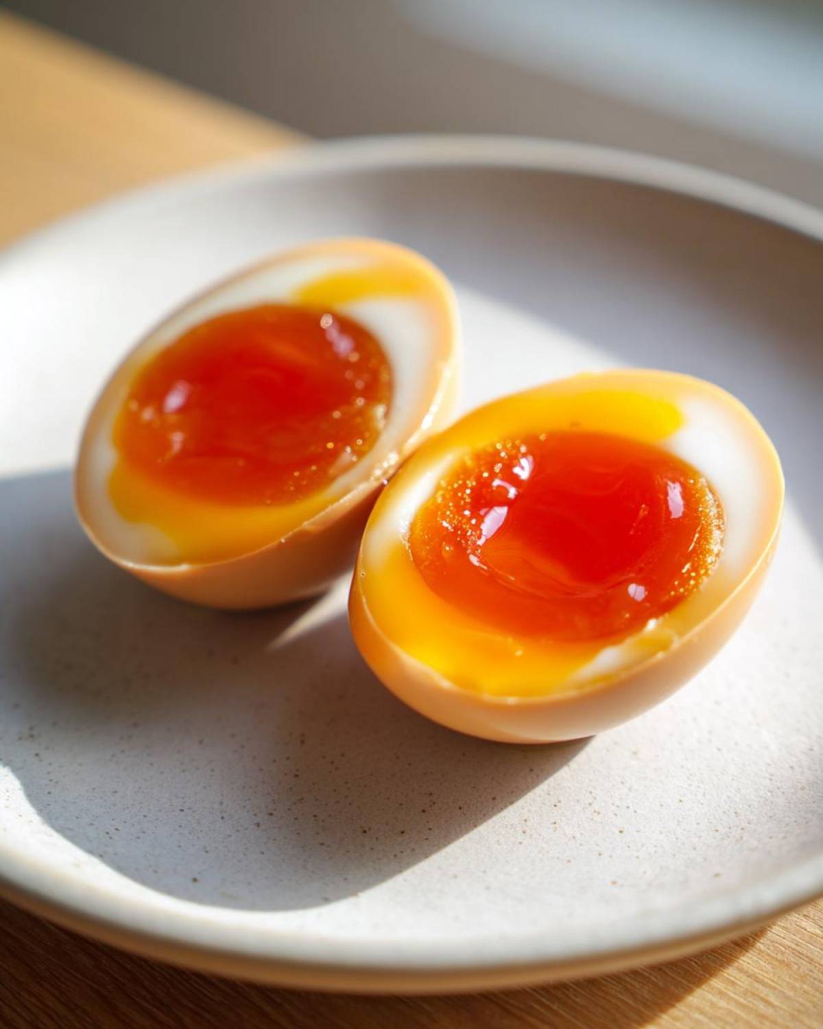 Two halves of a perfectly prepared Shoyu Ramen Eggs Overnight, showing jammy, bright orange yolks, resting on a speckled white plate.