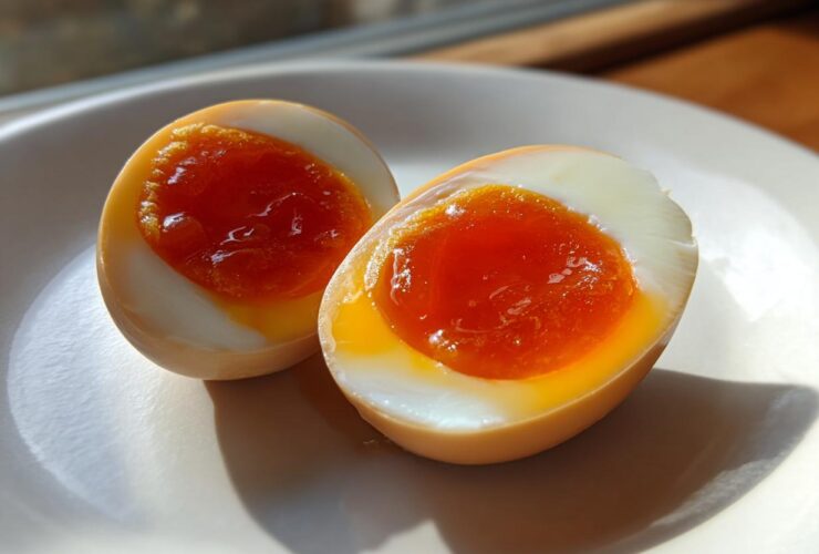 Two halves of a perfectly cooked Shoyu Ramen Eggs Overnight on a white plate, showing jammy, bright orange yolks.