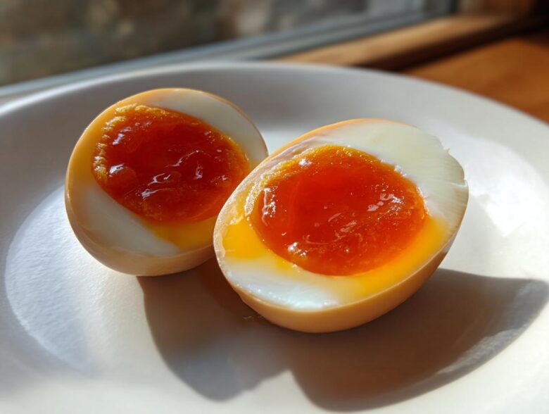 Two halves of a perfectly cooked Shoyu Ramen Eggs Overnight on a white plate, showing jammy, bright orange yolks.