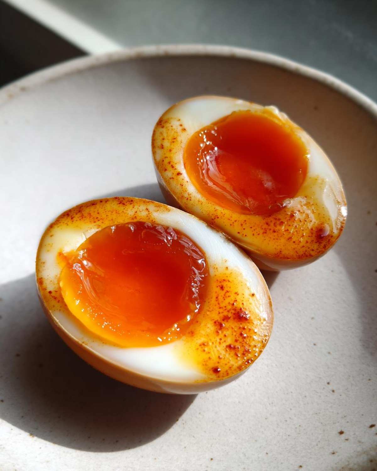 Two halves of a perfectly cooked Shoyu Ramen Eggs Overnight, showing jammy orange yolks, on a light plate.