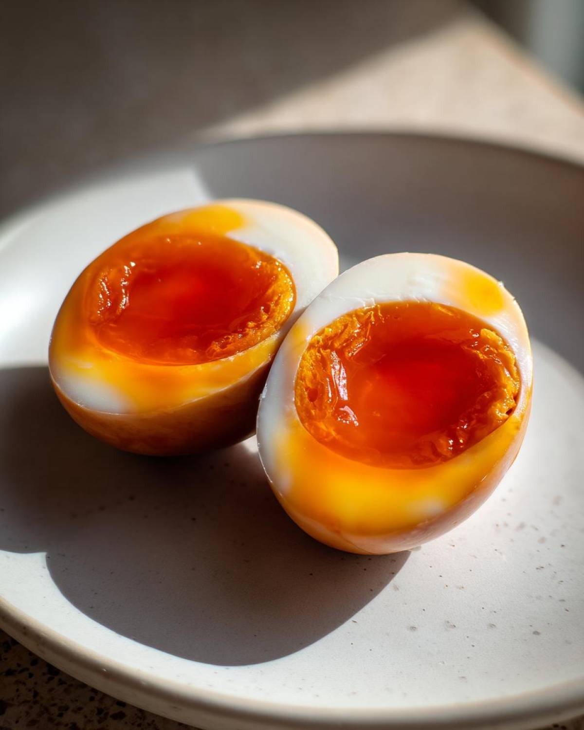 Two halves of a perfectly cooked Shoyu Ramen Eggs Overnight showing a jammy, bright orange yolk.