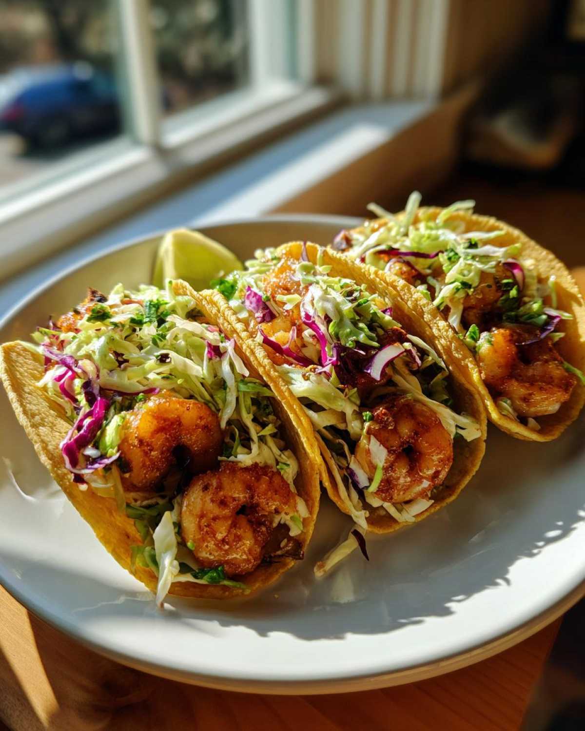 Three perfectly assembled Shrimp Baja Tacos featuring seasoned shrimp and crunchy cabbage slaw, served on a white plate.