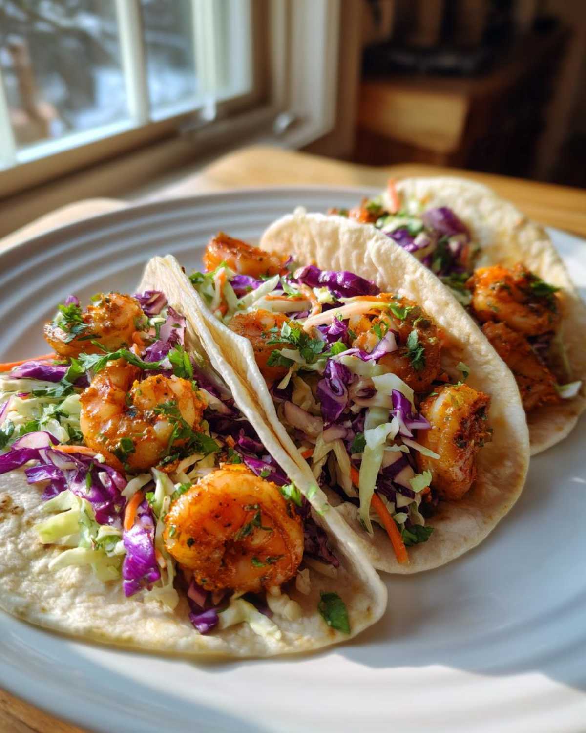 Three soft tortilla Shrimp Baja Tacos filled with seasoned shrimp and vibrant purple and green crunchy slaw.