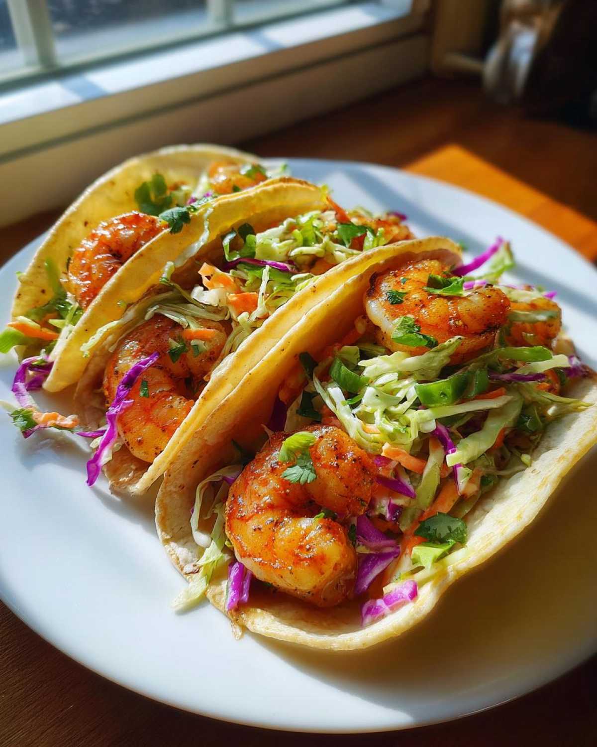Three delicious Shrimp Baja Tacos filled with seasoned shrimp and colorful crunchy slaw on a white plate.