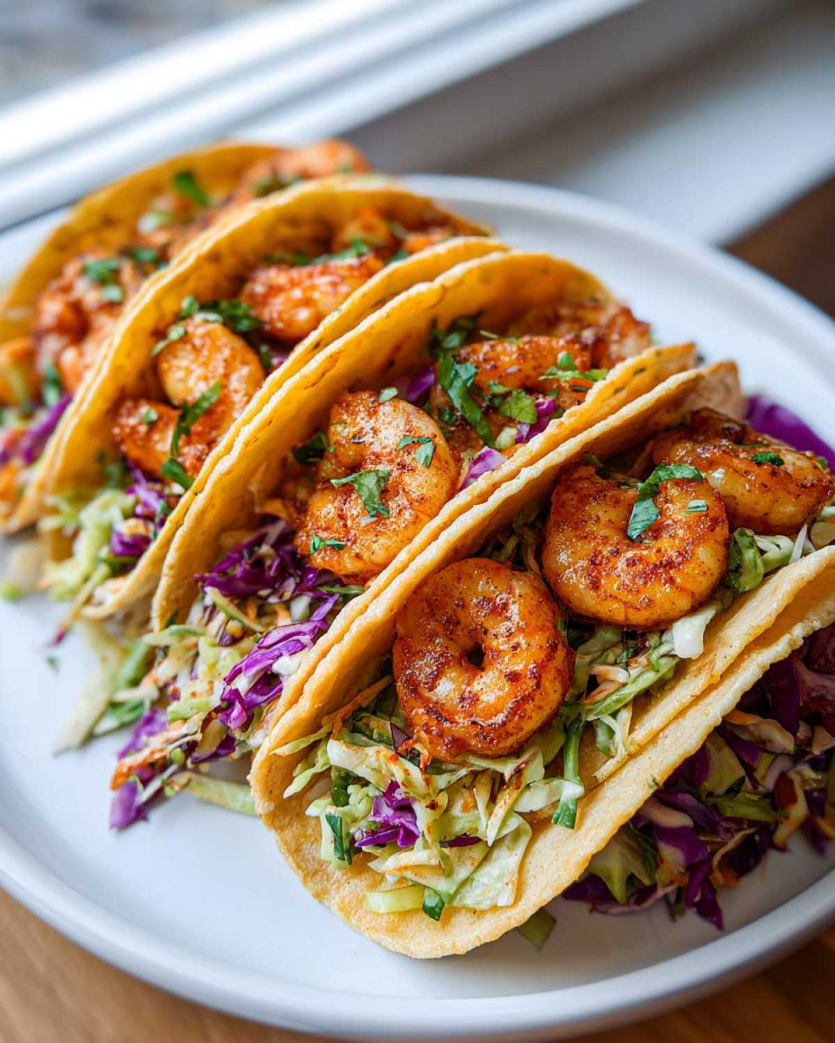 Close-up of three delicious Shrimp Baja Tacos filled with seasoned shrimp and crunchy purple and green slaw.