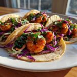 Four delicious Shrimp Baja Tacos featuring seasoned shrimp and purple crunchy slaw piled high on soft tortillas.