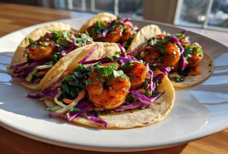 Four delicious Shrimp Baja Tacos featuring seasoned shrimp and purple crunchy slaw piled high on soft tortillas.
