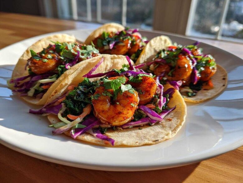 Four delicious Shrimp Baja Tacos featuring seasoned shrimp and purple crunchy slaw piled high on soft tortillas.