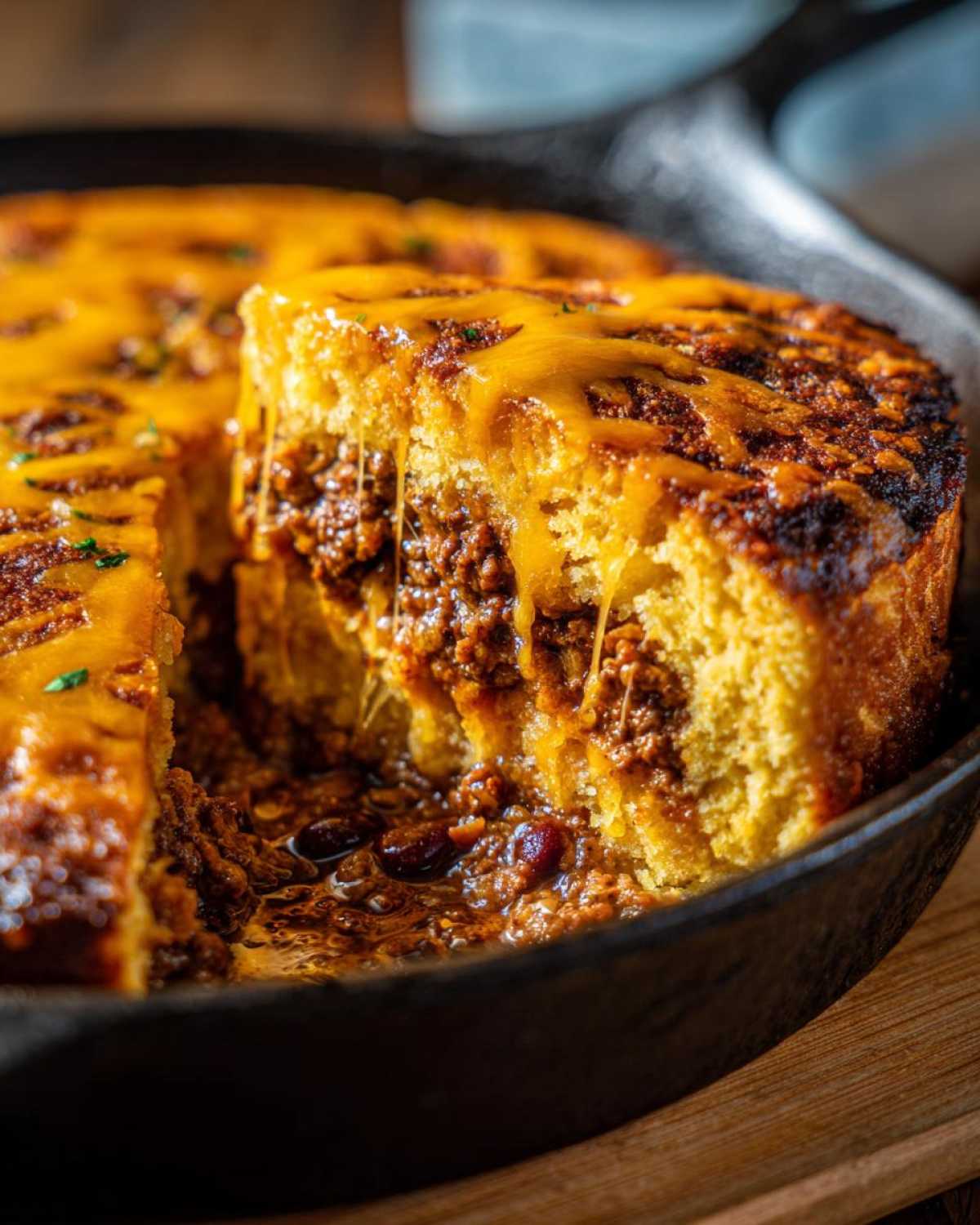 A slice being lifted from a Skillet Tamale Pie with Cornbread Top, showing melted cheese strings and meaty chili filling.