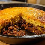 Close-up of Skillet Tamale Pie with Cornbread Top, showing a scoop removed to reveal the savory meat filling and melted cheddar cheese.