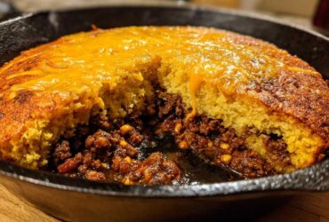 Close-up of Skillet Tamale Pie with Cornbread Top, showing a scoop removed to reveal the savory meat filling and melted cheddar cheese.