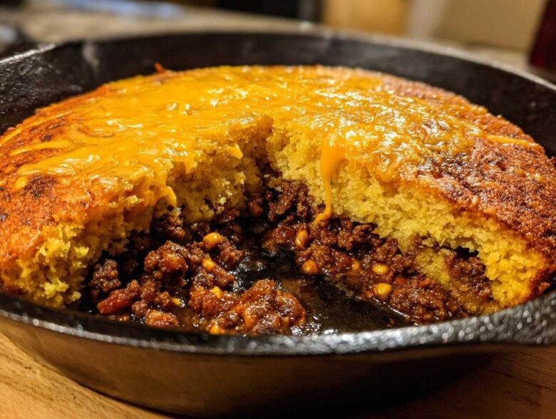 Close-up of Skillet Tamale Pie with Cornbread Top, showing a scoop removed to reveal the savory meat filling and melted cheddar cheese.