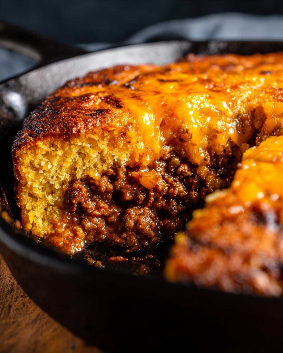 A close-up, cross-section view of Skillet Tamale Pie with Cornbread Top showing the savory filling and melted cheese.