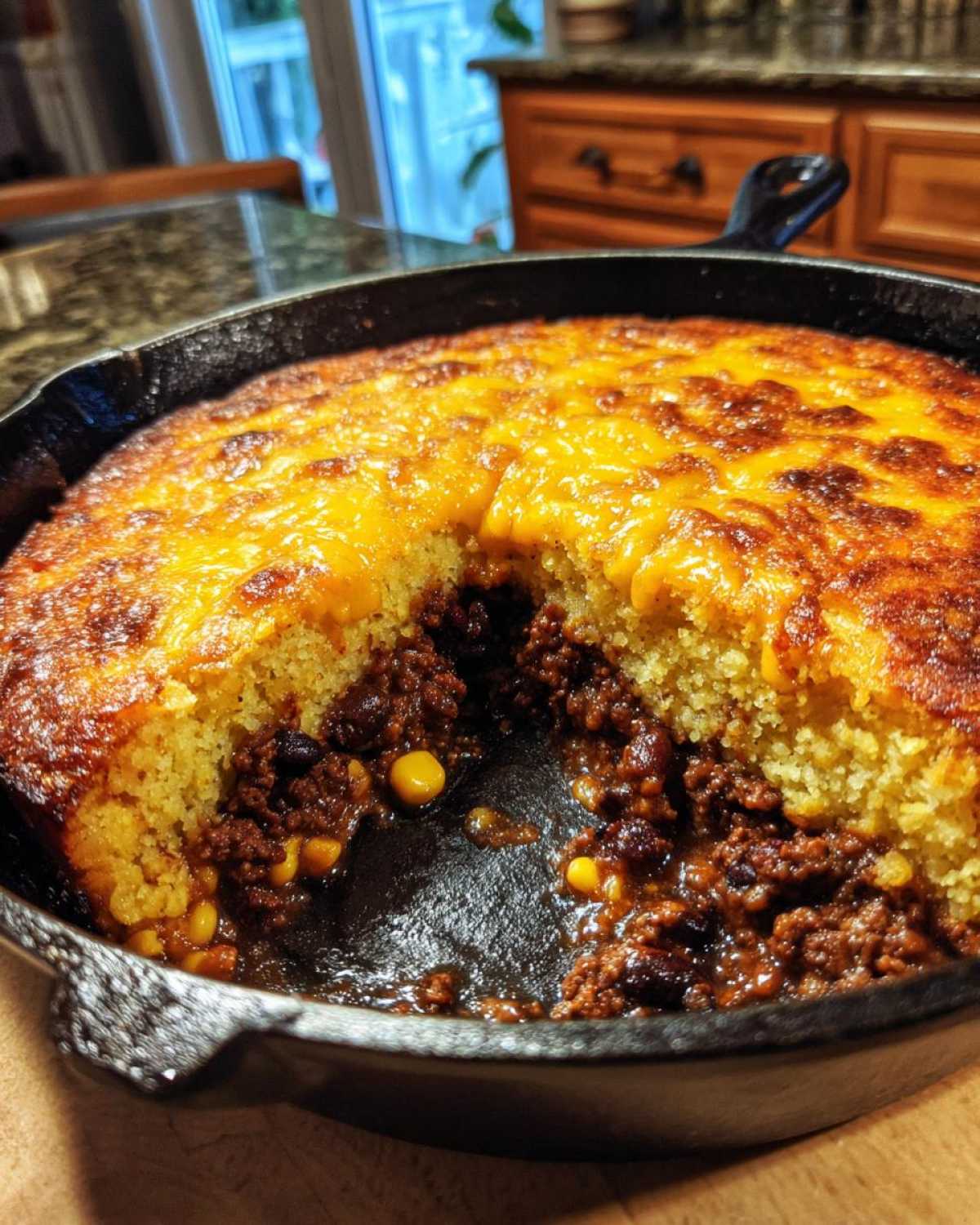 A freshly baked Skillet Tamale Pie with Cornbread Top showing a scoop removed, revealing the meaty chili filling with corn and beans.