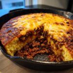A slice removed from Skillet Tamale Pie with Cornbread Top, showing the cheesy, meaty filling inside the cast iron pan.