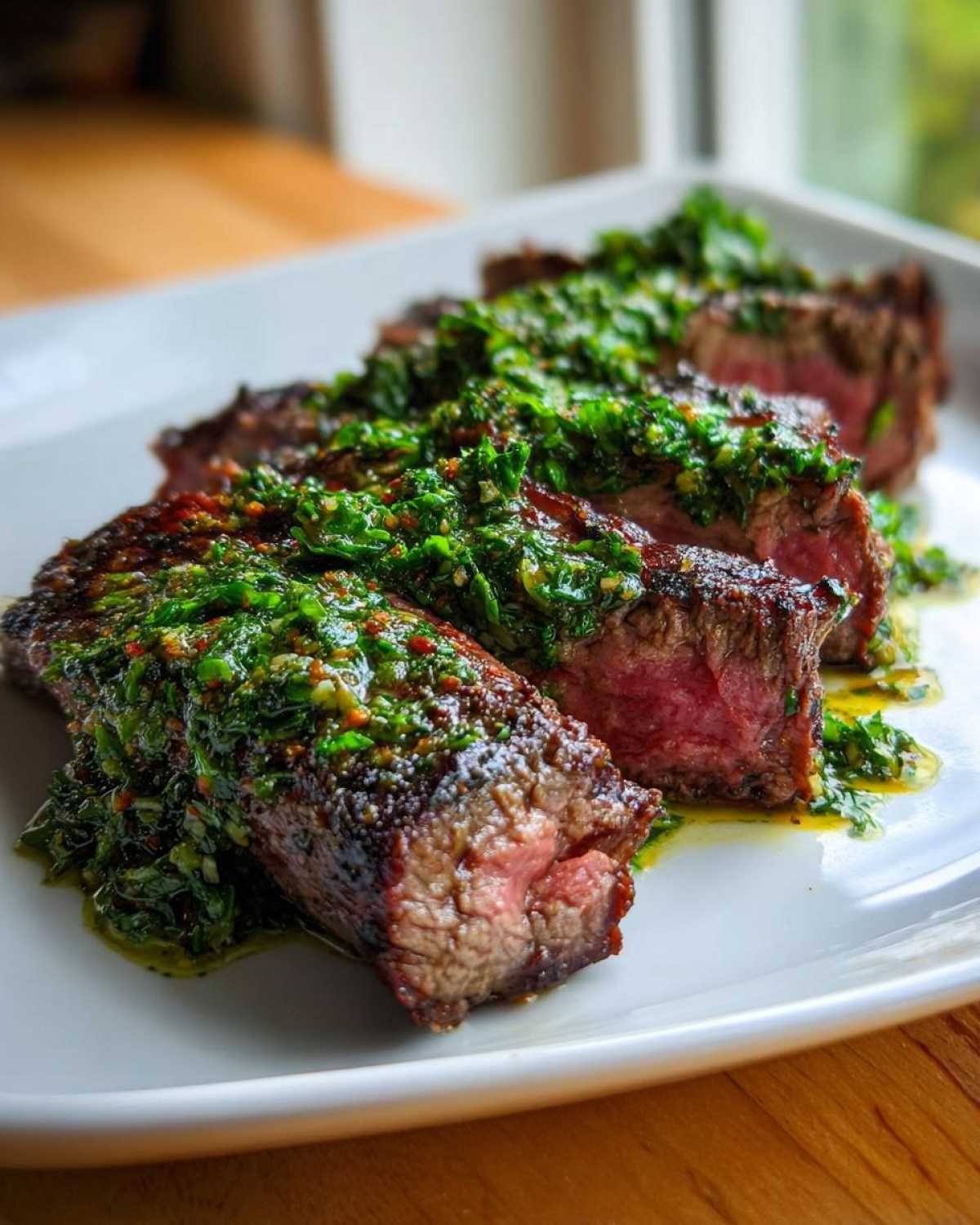 Slices of medium-rare steak generously topped with vibrant green Carrot Top Chimichurri Steak sauce on a white plate.