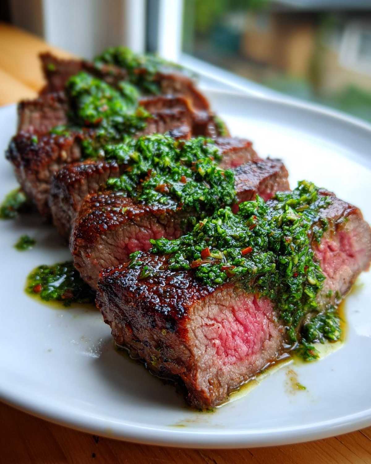 Close-up of perfectly cooked, medium-rare steak sliced and topped generously with vibrant green Carrot Top Chimichurri.