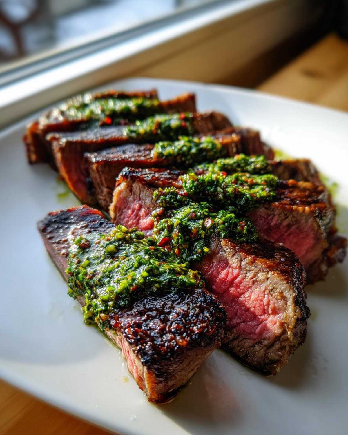 Perfectly cooked, medium-rare steak, sliced and topped generously with bright green Carrot Top Chimichurri Steak sauce.