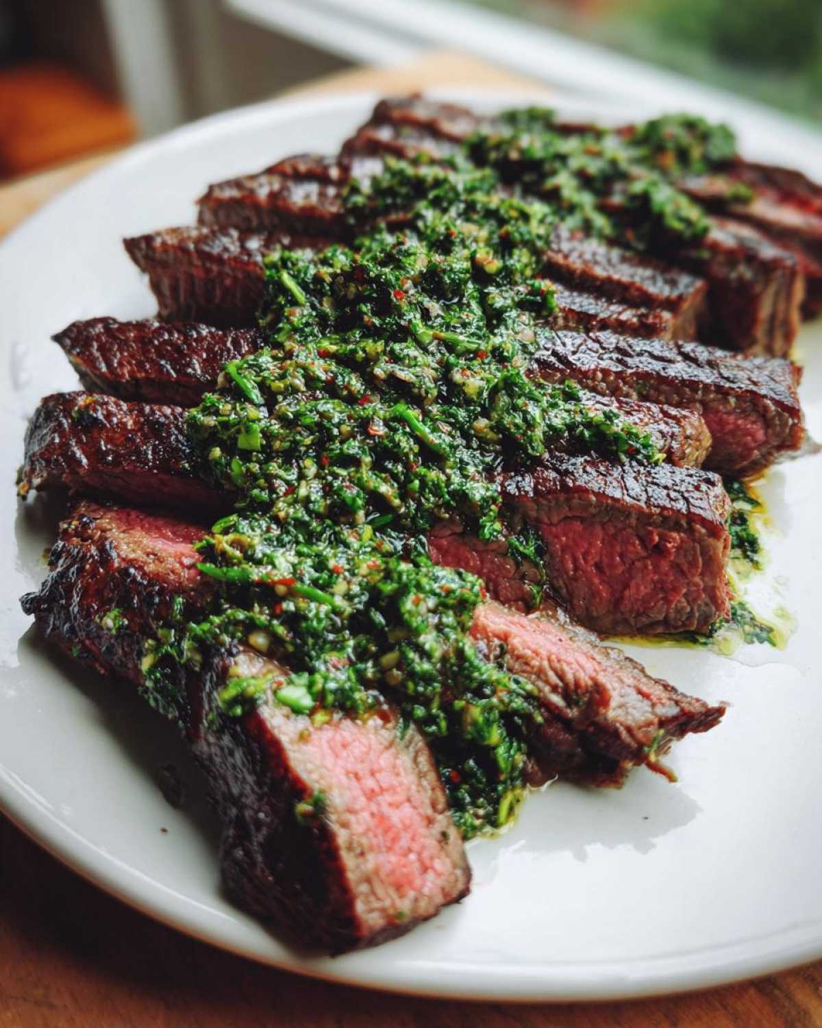 Perfectly sliced medium-rare steak generously topped with vibrant green Carrot Top Chimichurri Steak sauce on a white plate.
