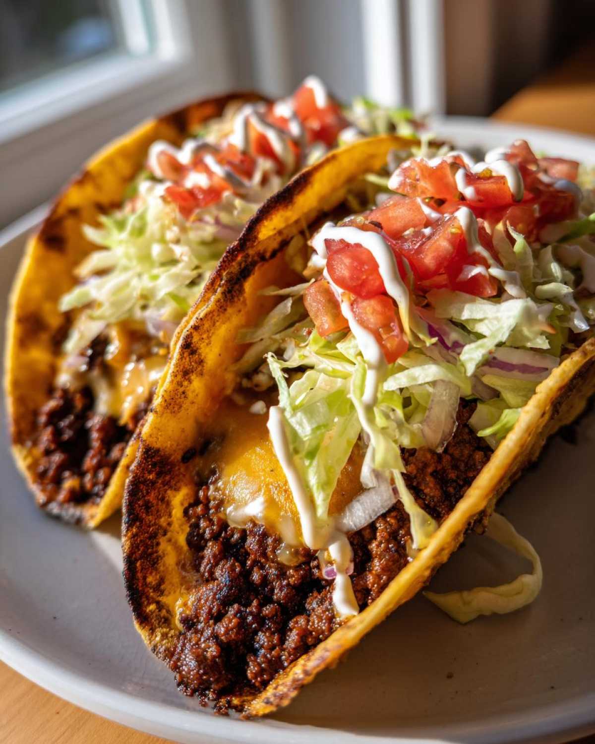 Close-up of two crispy Smash Burger Tacos filled with seasoned ground beef, melted cheese, lettuce, tomato, and a drizzle of white sauce.