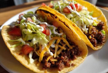 Two crispy tacos filled with seasoned ground beef, shredded cheese, lettuce, tomato, and sour cream, representing delicious Smash Burger Tacos.